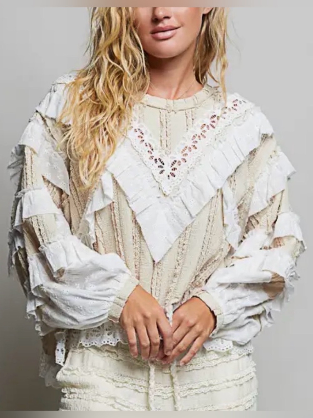 NEW : “The Evie”Eyelet Ruffle Raw Edge Trim Lace Solid Top